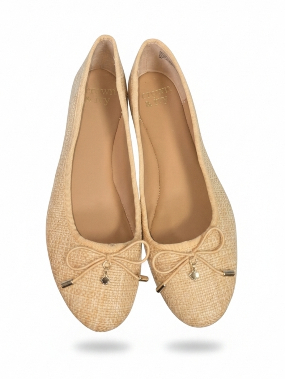 Crown & Ivy Whitney Woven Raffia Bow And Charm Embellished Ballet Flats Size 8